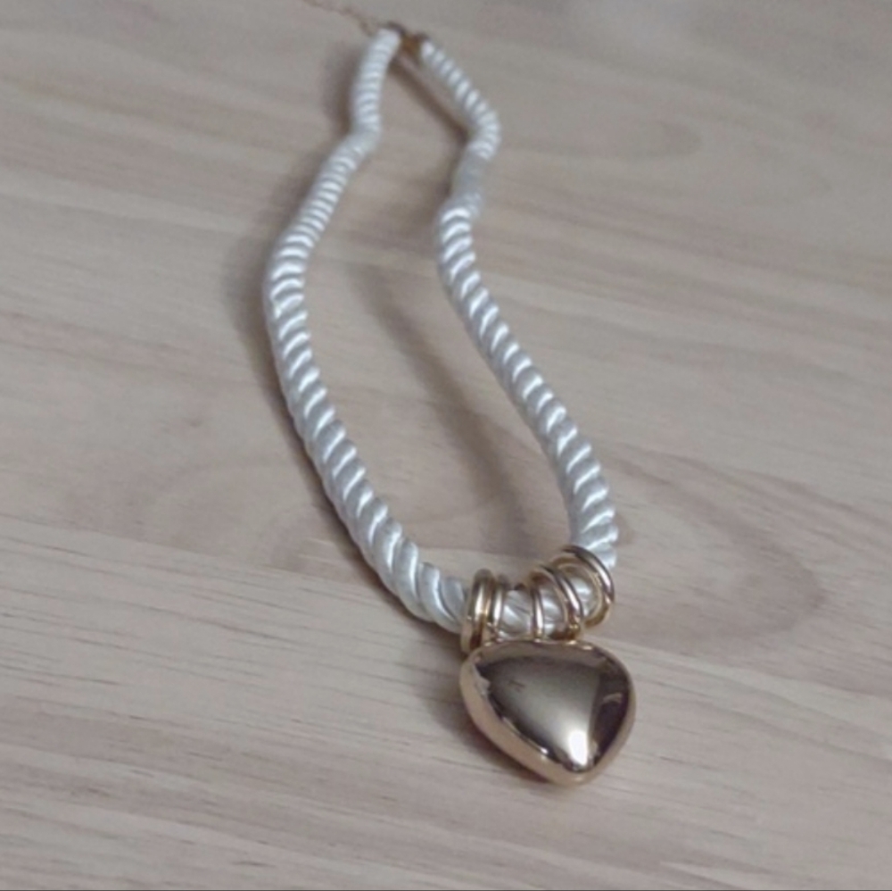 Urban Outfitters Gold Heart Pendant White Nautical Braided Necklace